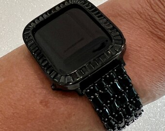 Designer Apple Watch Band Woman Baguette & Princess Cut Crystals Black and or Bling Apple Watch Cover Lab Diamond Bezel 38mm-45mm