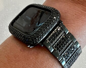 Apple Watch Band Black on Black Swarovski Crystals Stainless Steel & or Apple Watch Cover Lab Diamond Bezel Iphone Watch 38mm-49mm Series 10