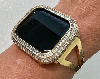 Sleek Gold Apple Watch Band Bangle Bracelet Womens & or Custom Apple Watch Case 3 Rows of Baguette Lab Diamonds Iwatch Candy 40 41 44 45mm