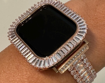 Apple Watch Band Womens Bracelet Swarovski Crystal 14k Rose Gold PL & or Apple Watch Case Lab Diamond Bezel for Iphone Watch 38mm-45mm Bling