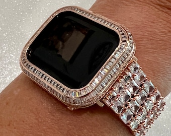 High End Designer Apple Watch Band Woman 40 41 44 45mm Rose Gold Baguette  Crystals & or Apple Watch Cover Lab Diamond Bezel Case