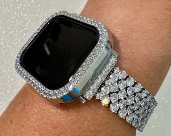 Series 10 Designer Apple Watch Band Silver Swarovski Crystal 42mm 46mm & or Apple Watch Cover Lab Diamond Iwatch Watch Case Protective Face