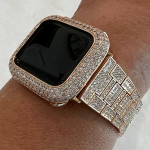 Pave Apple Watch Band Women 38 40 41 42 44 45 46 49 Ultra Swarovski Crystal Rose Gold & or Apple Watch Cover Lab Diamond Bezel Series 10