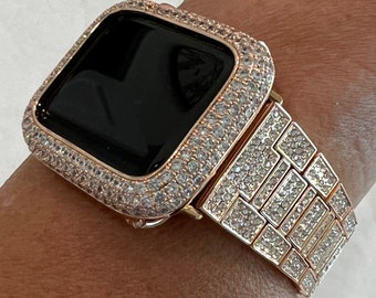 Pave Apple Watch Band Women 38 40 41 42 44 45 46 49 Ultra Swarovski Crystal Rose Gold & or Apple Watch Cover Lab Diamond Bezel Series 10