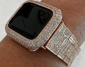 Designer Pave Apple Watch Band 49mm Ultra Rose Gold & or Apple Watch Cover Lab Diamond Bezel Apple Watch Case Iwatch Candy Bling 38mm-45mm