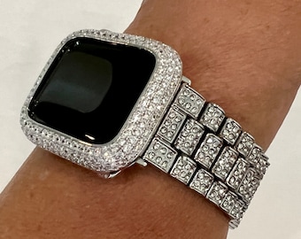 Designer Pave Apple Watch Band Silver Swarovski Crystal & or Apple Watch Cover Lab Diamond Bezel Apple Watch Case 38-49mm Iwatch Candy Bling
