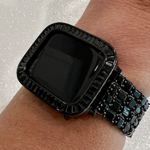 Black Apple Watch Band Woman Baguette Princess  Crystals Black & or Bling Apple Watch Cover Lab Diamond Bezel 38 40 41 42 44 45mm