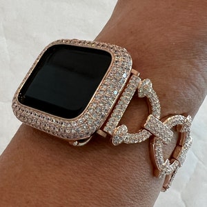 Pave Apple Watch Band Women 38 40 41 42 44 45 49mm Ultra Rose Gold  Crystals & or Apple Watch Case Lab Diamond Bezel Cover Bling