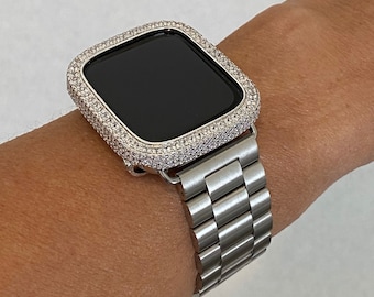 Luxury Apple Watch Band Series 7 Silver Stainless Steel & or Smartwatch Case Cover, Lab Diamond Bezel Bumper Bling 38mm-45mm