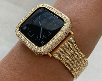 Yellow Gold Apple Watch Band Stainless Steel Swarovski Crystals & or Apple Watch Cover Lab Diamond Bezel Case Bling 38mm-49mm Series 10