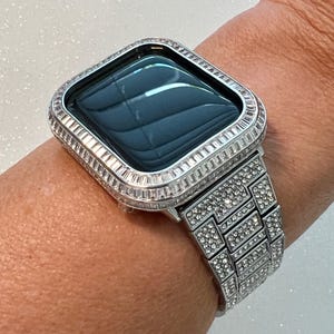Luxury Apple Watch Band Silver Pave Swarovski Crystal & or Apple Watch Case Baguette Lab Diamond Bezel Cover Iwatch Candy Bling Iphone Watch