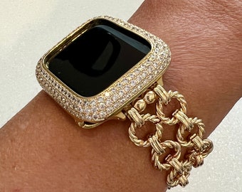 Apple Watch Band Women Gold Chain, Iphone Watch Bracelet & or Apple Watch Case Lab Diamond Bezel Iwatch Cover 39mm-49mm Ultra Series 2-9 SE