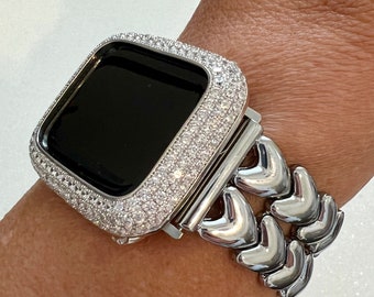 Silver Apple Watch Band Women Double Row Hearts 38mm-49mm Ultra, Iwatch Phone band & or Apple Watch Case Lab Diamond Bezel Cover Gift