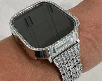 Apple Watch Band Series 10 Silver Stainless Steel Swarovski Crystal & or Apple Watch Case 41mm 42mm 45mm 46mm 49mm Ultra Iphone Watch Cover
