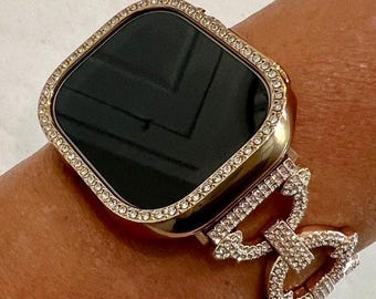 Apple Watch Band Series 10 42mm 46mm Swarovski Crystals Rose Gold & or Apple Watch Cover Protective Iphone Watch Case 41mm 45mm 49mm Ultra