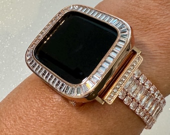 Rose Gold Apple Watch Band Womens Bracelet Baguette Swarovski Crystals & or Apple Watch Case Lab Diamond Bezel for Iphone Watch 38mm-45mm