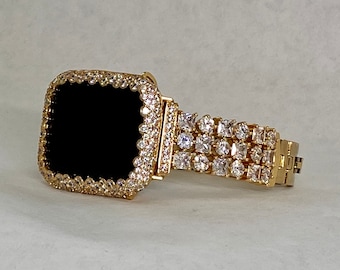 Custom Apple Watch Band Women Gold Swarovski Crystal 38mm 40mm 41mm 42mm 44mm 45mm 46mm 49mm Ultra & or Apple Watch Cover Lab Diamond Bezel