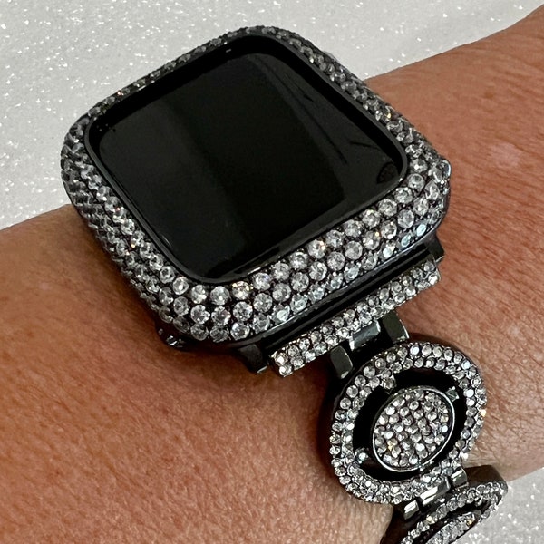 Apple Watch Band Women Black  Crystals & or Apple Watch Cover Lab Diamonds Smartwatch Bumper Case Bling 38mm-49mm Ultra S1-8 SE