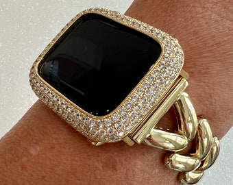 Gold Apple Watch Band Women Minimalist Bracelet, Iwatch Phone band & or Apple Watch Case Pave Lab Diamond Bezel Iwatch Cover 38mm-49mm Bling