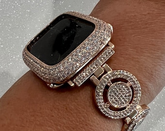 Apple Watch Band 41mm 45mm 49mm Ultra Rose Gold Pave Swarovski Crystals & or Apple Watch Cover Case Smartwatch Bumper Bling 38mm-45mm