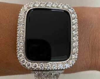 Silver Apple Watch Cover with Large 3.5mm Lab Diamonds Bezel Apple Watch Case Protective Smartwatch Bumper Faceplate Series 9 Gift for Her