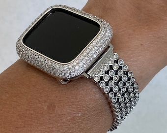 White Gold Apple Watch Band Women Silver & or Lab Diamond Apple Watch Cover Bezel Bling Iwatch Case 38 40 41 42 44 45 49mmm Ultra Series 2-9