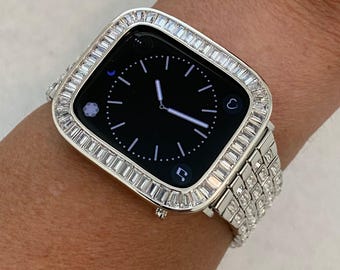 Custom Silver Apple Watch Band Crystal Baguette 38 40 41 42 44 45mm & or Apple Watch Cover Baguette Lab Diamond Bezel Series 2-9 SE