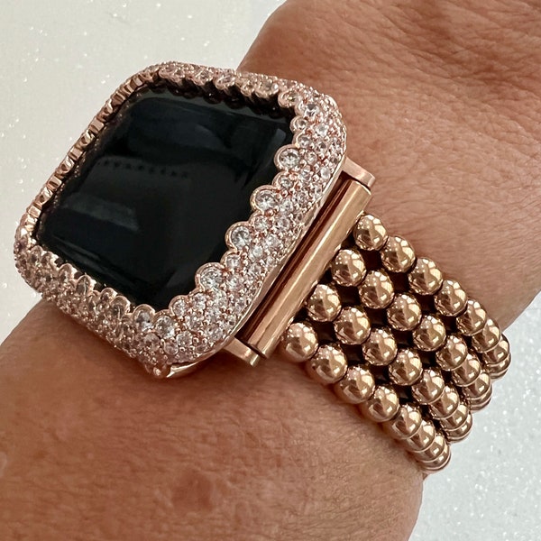 Rose Gold Apple Watch Band Women Four Row Beaded 38mm-49mm Ultra, Iwatch Phone band & or Apple Watch Case Lab Diamond Bezel Cover Gift