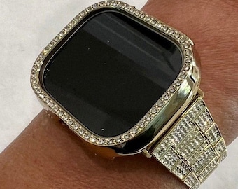 Stainless Steel Apple Watch Band Gold Swarovski Crystal Series 10 & or Apple Watch Case Rhinestone Protective Apple Watch Face Iphone Watch