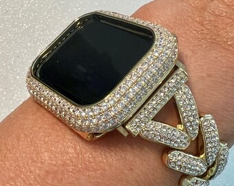 Designer Apple Watch Band Woman Gold Crystal Heart Charm & or Apple Watch Case Lab Diamond Bezel 38mm-49mm Apple Watch Cover