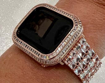 Designer Apple Watch Band Woman Rose Gold Baguette Swarovski Crystals & or Apple Watch Cover Lab Diamond Bezel Iphone Watch Case
