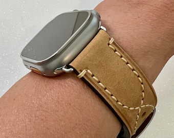 Bold Tan Hand Stitched Leather Apple Watch Band 49mm Ultra Rugged Brown Wide Apple Watch Straps Iwatch Candy 45mm 44mm 42mm Series 9