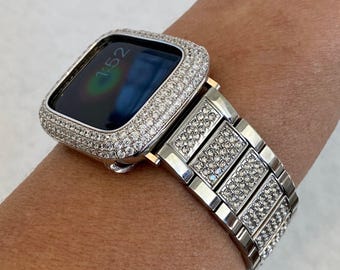 Designer Apple Watch Band Women Stainless Steel Silver Swarovski Crystals & or Apple Watch Cover Lab Diamond Bezel Case 38mm-49mm Series 10