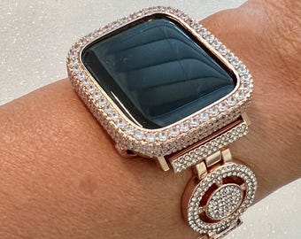 Pave Rose Gold Apple Watch Band Womens Swarovski Crystals 38-49mm & or Apple Watch Cover Lab Diamond Bezel Iphone Watch Case Iwatch Candy