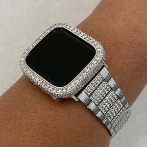 Apple Watch Band Silver Swarovski Crystals Stainless Steel & or Apple Watch Cover Lab Diamond Bezel Bling 38mm-49mm Series 2-10
