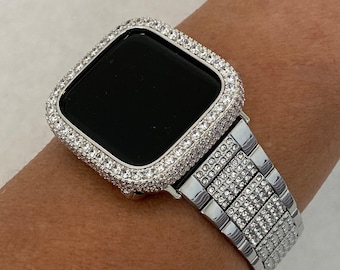 Apple Watch Band Silver Swarovski Crystals Stainless Steel & or Apple Watch Cover Lab Diamond Bezel Bling 38mm-49mm Series 2-10
