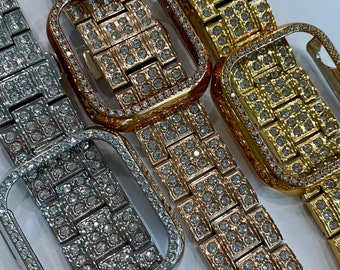 Series 10 Apple Watch Band Stainless Steel Swarovski Crystals & or Apple Watch Cover Protective Iphone Watch Case 42mm 46mm 49mm Ultra