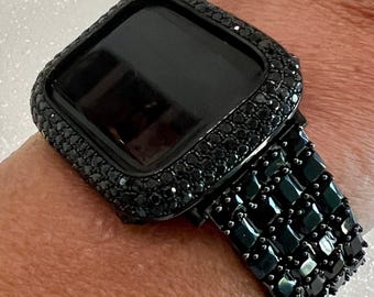 Luxury Apple Watch Band Woman Baguette Princess Cut Swarovski Crystals Black & or Bling Apple Watch Cover Lab Diamond Bezel 38mm-49mm Ultra