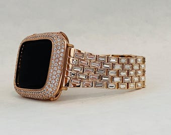 Rose Gold Apple Watch Band Swarovski Crystal Baguettes 41mm 45mm 49mm Ultra & or Apple Watch Cover Lab Diamond Bezel Case Iwatch Candy Bling