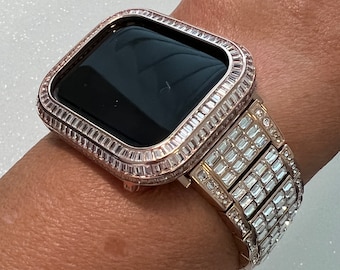 Apple Watch Band Women Rose Gold  Crystals & or Apple Watch Cover Baguette Lab Diamond Bezel 40mm 41mm 44mm 45mm Iwatch Candy Bling