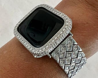 Designer Apple Watch Band Silver Swarovski Crystals 38-49mm Ultra & or Pave Apple Watch Cover Lab Diamond Bezel Iwatch Case Series 10