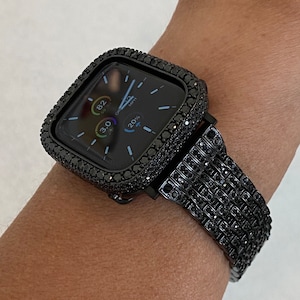 Custom Apple Watch Band Black & or Iwatch Lab Diamonds Bezel Apple Watch Case Cover 38mm 40mm 41mm 42mm 44mm 45mm 49mm Ultra Gift for him