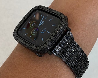 Black on Black Apple Watch Band 30 40 41 42 44 45 49mm Ultra Stainless Steel  Crystal & or Apple Watch Cover Lab Diamond Bezel Gift