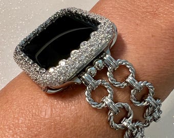 Silver Chain Apple Watch Band Stainless Steel, Iphone Watch Bracelet & or Apple Watch Case Lab Diamond Bezel 39mm-49mm Ultra Series 2-10 SE