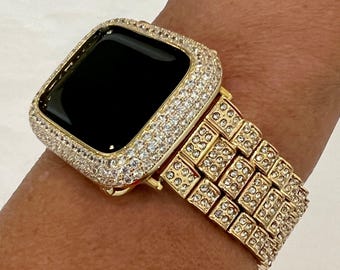 Apple Watch Band Gold Swarovski Crystals 38mm-49mm Ultra & or Apple Watch Case Lab Diamond Bezel Cover Smartwatch Bumper Bling Iwatch Candy