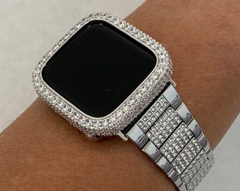 Silver Apple Watch Band Swarovski Crystals Stainless Steel Series 10 & or Apple Watch Case Lab Diamond Apple Watch Cover Iwatch Candy