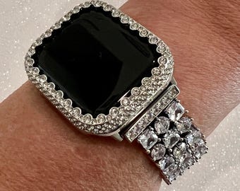 White Gold Apple Watch Band Women Swarovski Crystal Designer & or Apple Watch Cover Silver Crystal Iphone Watch Case Poly Carbonate Bling