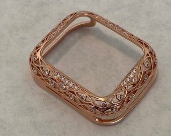 41mm 45mm Rose Gold CZ Apple Watch Case  Crystal Bumper, Smartwatch Cover Lace 38mm 40mm 42mm 44mm Gift for her