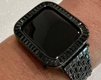 Black Apple Watch Band Crystal Baguettes & or Apple Watch Cover Lab Diamond Bezel Case Bling 38mm-45mm Iphone Watch Bling