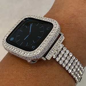 Swarovski Crystal Apple Watch Band Womens Silver Bracelet & or Apple Watch Case Lab Diamond Bezel Iphone Watch Cover 38mm-49mm Ultra Bling